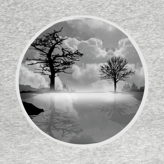 A calm lake in the fog in the morning in black and white by Kisho